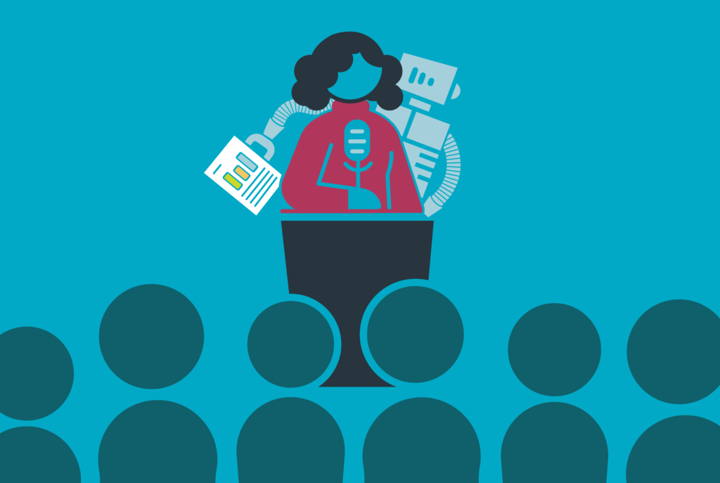 Icon image - illustration of speaker at podium with robot standing behind