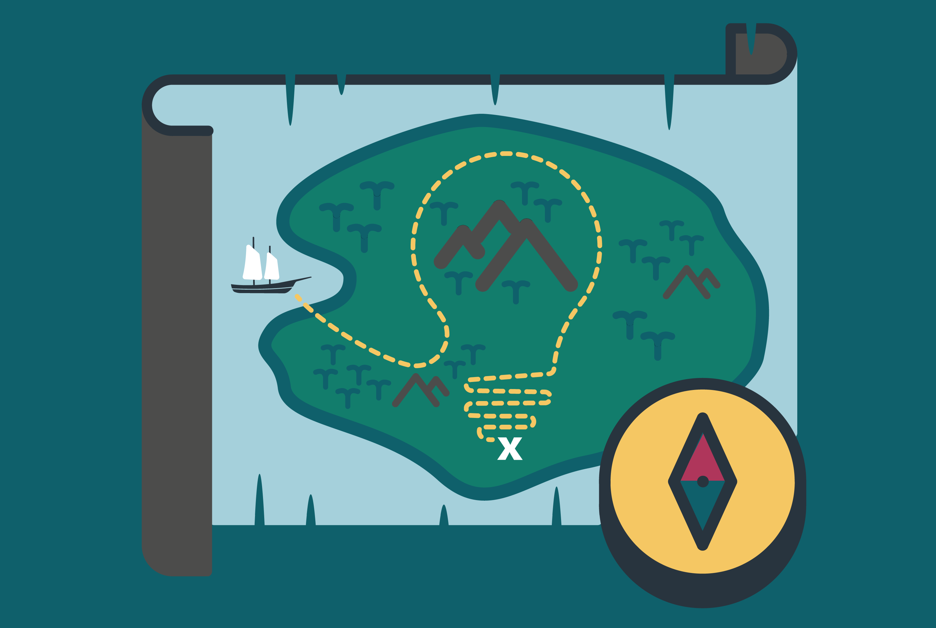 Icon image - illustration of a pirate map with a lightbulb shaped path to the treasure