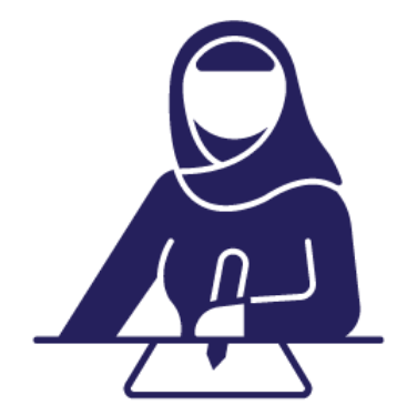 Illustration of woman in hijab writing on a sheet of paper