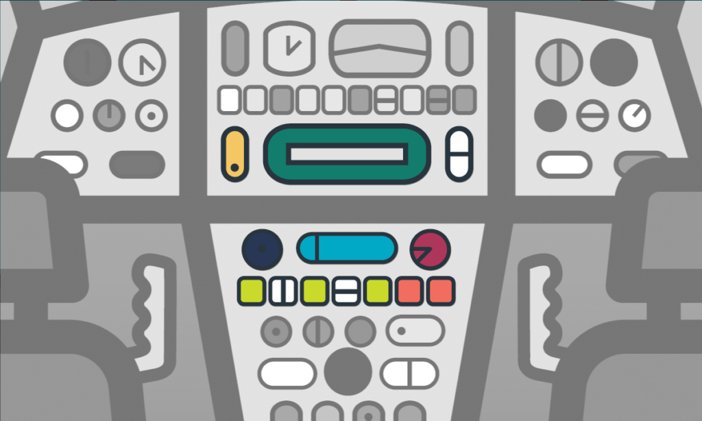 Controls highlighted in cockpit of airplane to illustrate looking more closely at dashboards