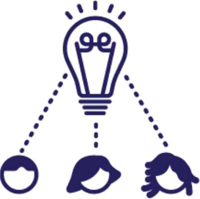 Illustration of three heads with a lightbulb above them to indicate thinking