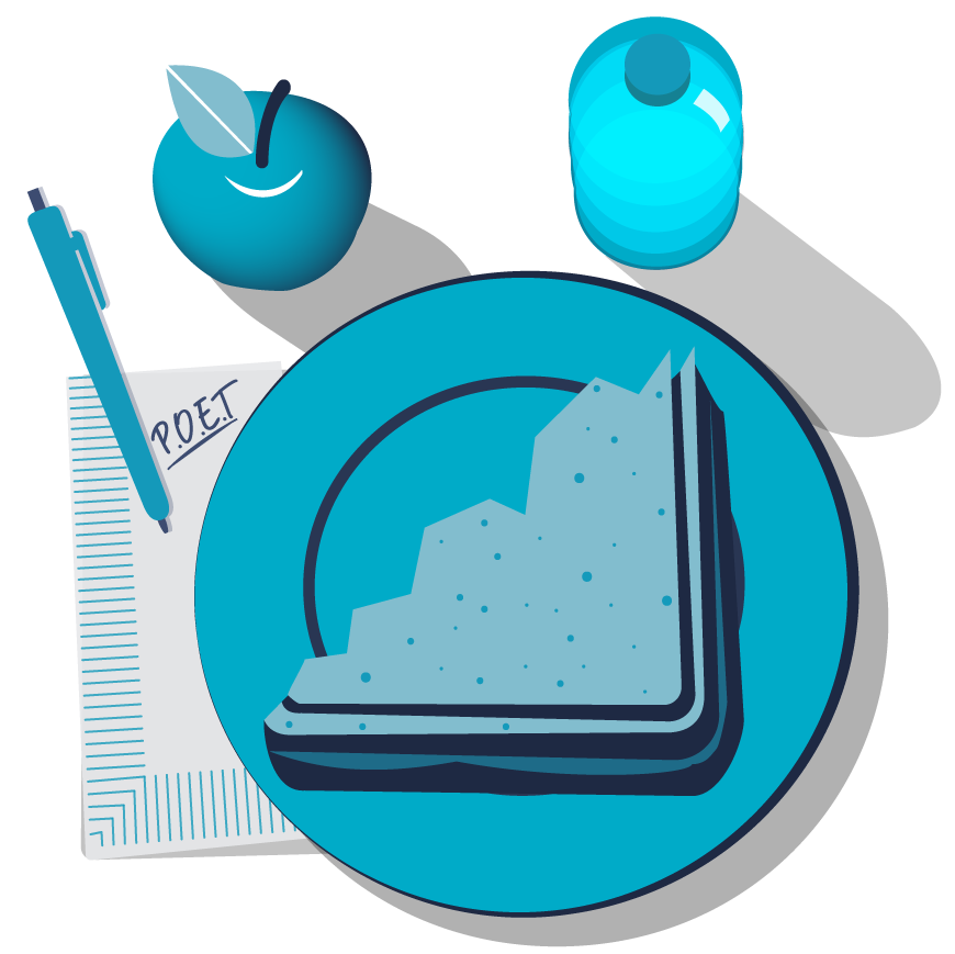 Illustration of a plate with a sandwich with an apple and a water bottle on the side