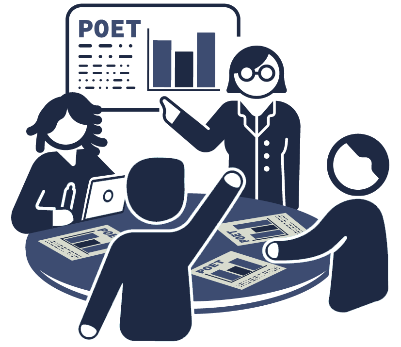 Illustration of a person presenting the POET technique to three people